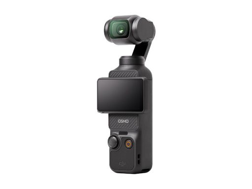 Compact handheld gimbal stabiliser with an integrated camera and touchscreen display.