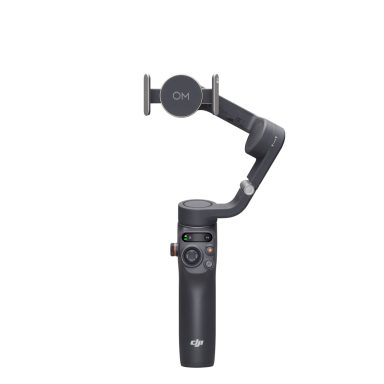 A black camera stabiliser with a grip and adjustable mount.
