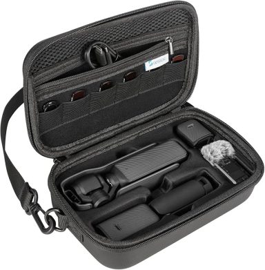 Compact black case containing a stabiliser and accessories.
