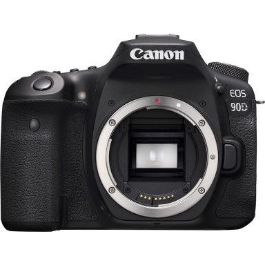 Canon EOS 90D camera body with a lens mount, black with buttons and LCD.