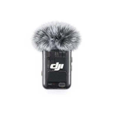 Black microphone with a fluffy windscreen on top, featuring a logo.