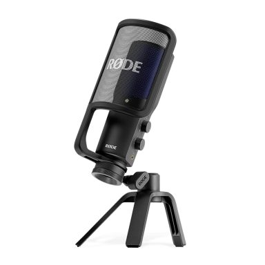 Black Rode microphone with a detachable stand, designed for studio recording.