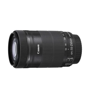 Black Canon zoom lens with various focal lengths and settings.